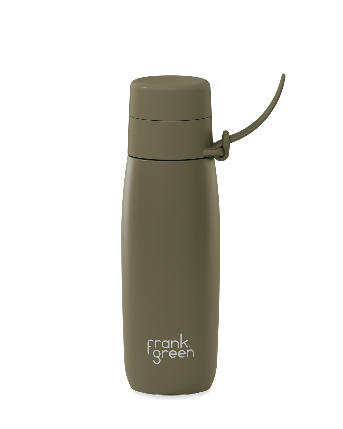 An olive green 20oz insulated water bottle with a thermal lid and carry strap.