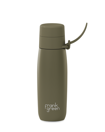 An olive green 20oz insulated water bottle with a thermal lid and carry strap.