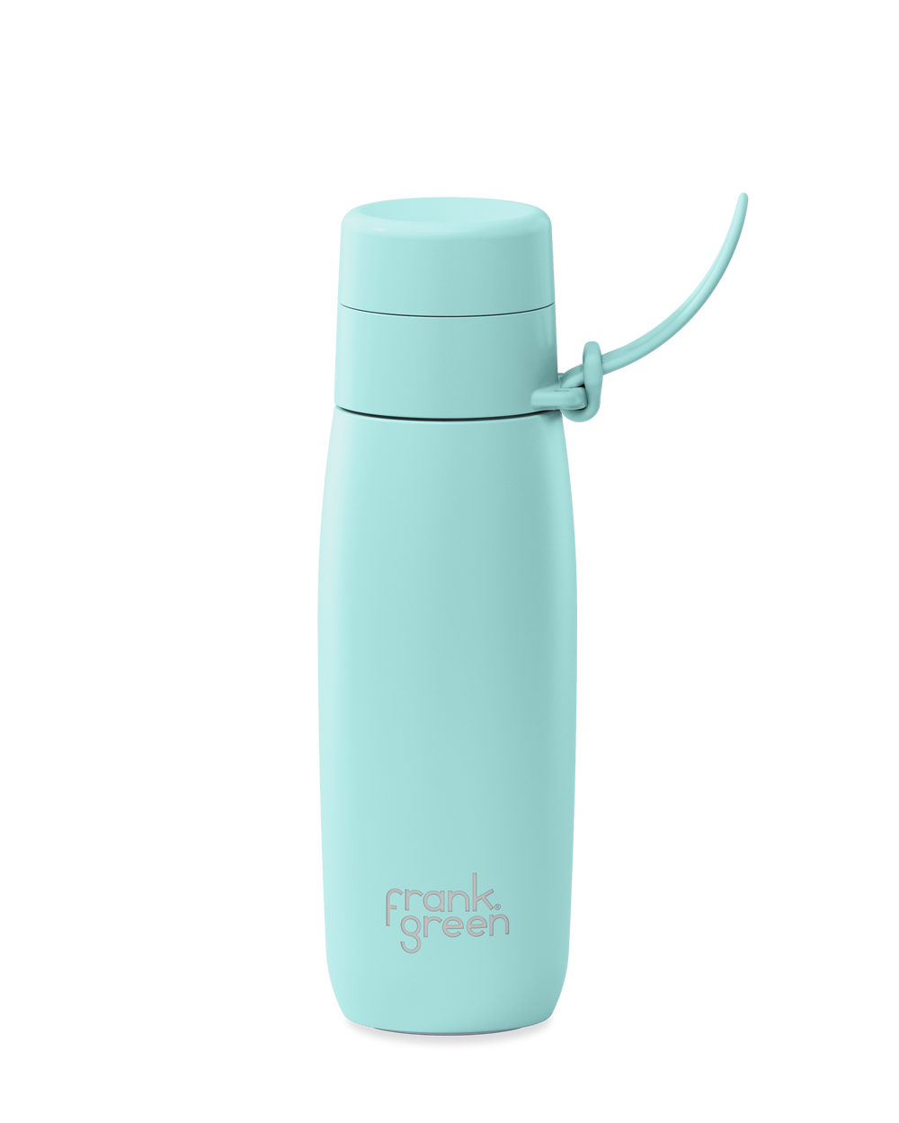 A mint green 20oz insulated water bottle with a thermal lid and carry strap.