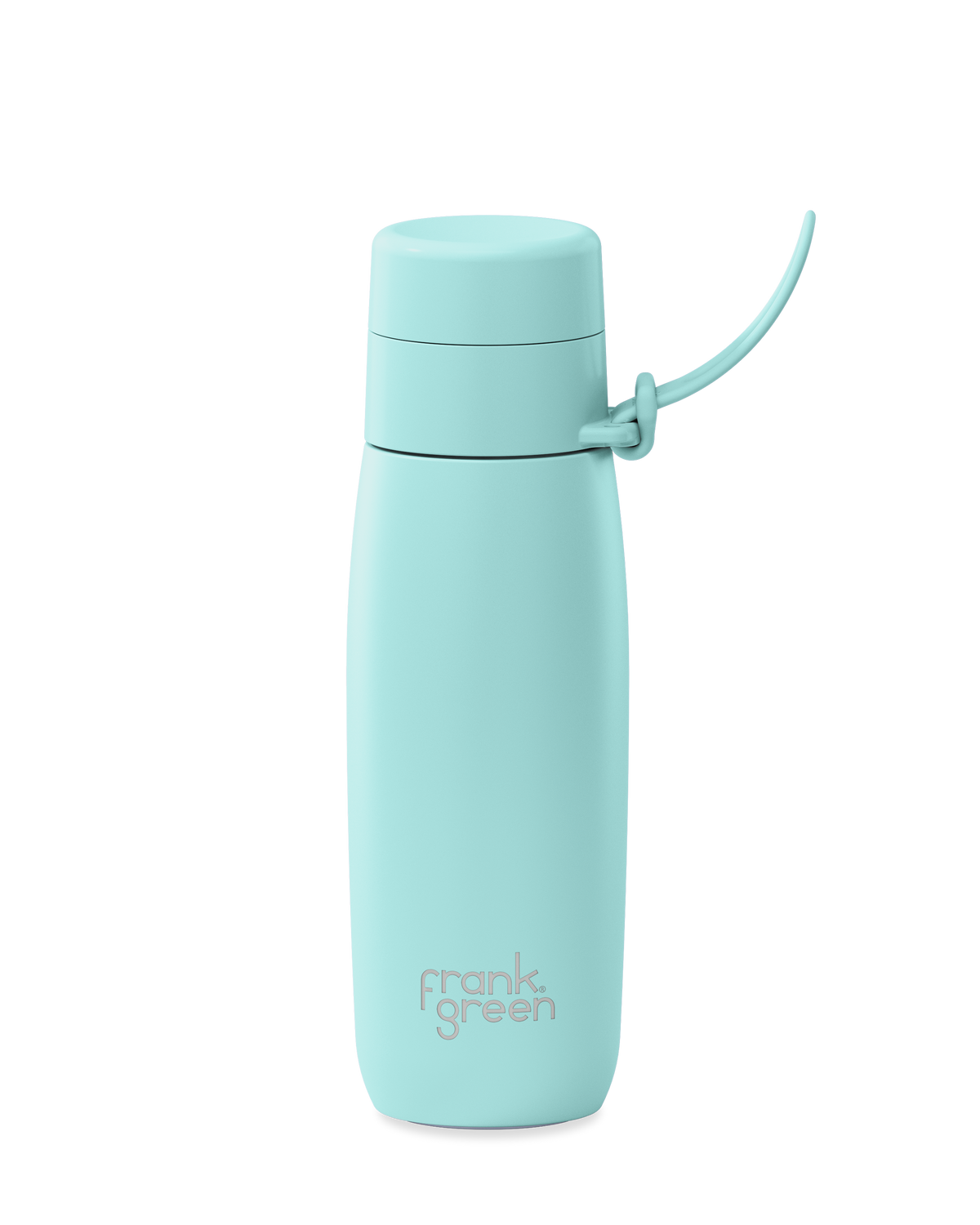 A mint green 20oz insulated water bottle with a thermal lid and carry strap.