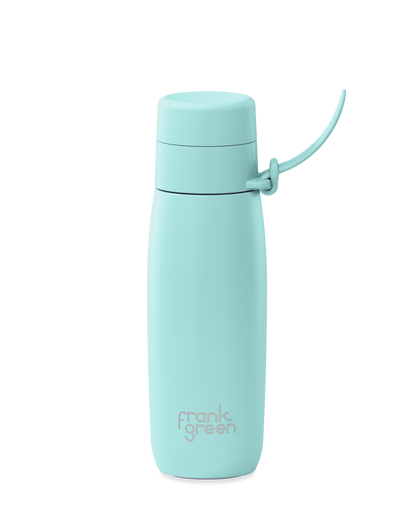 A mint green 20oz insulated water bottle with a thermal lid and carry strap.