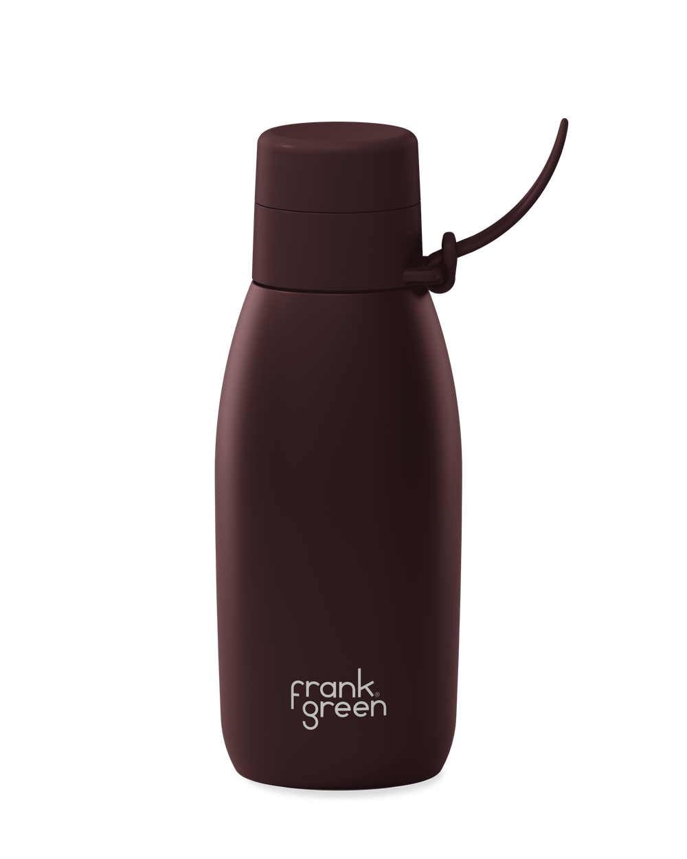 A dark brown 34oz insulated water bottle with a thermal lid and carry strap.