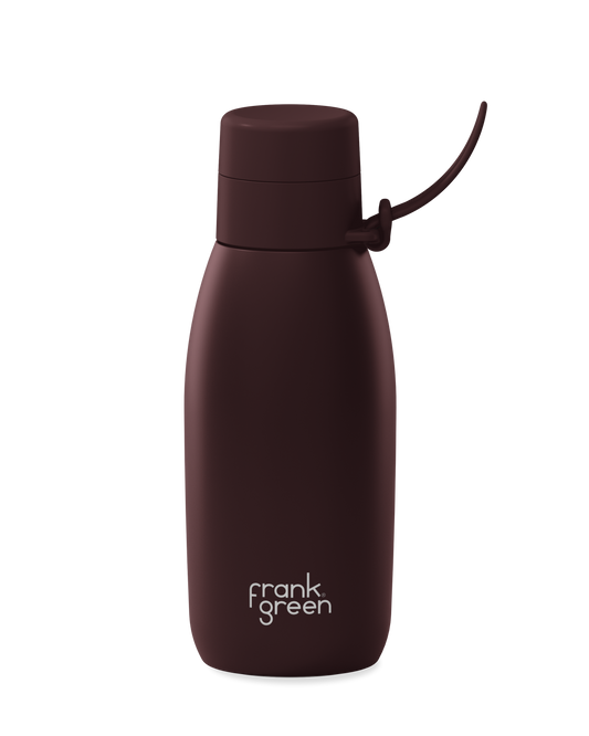Chocolate | A dark brown 34oz insulated water bottle with a thermal lid and carry strap.