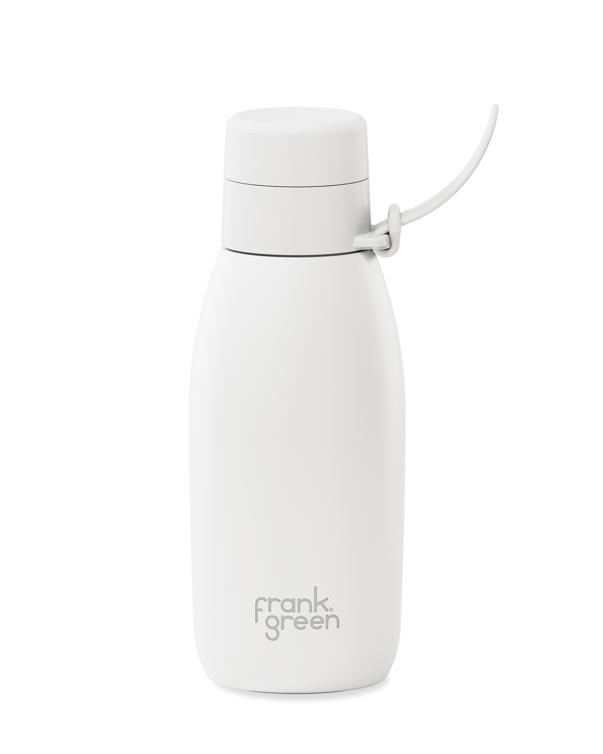 A white 34oz insulated water bottle with a thermal lid and carry strap.
