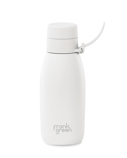 A white 34oz insulated water bottle with a thermal lid and carry strap.