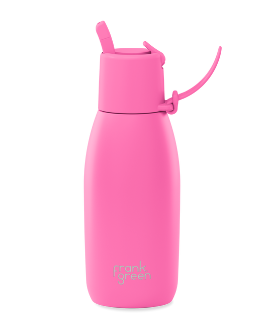 A bright pink insulated water bottle with a flip-top lid and carrying loop, featuring the 'frank green' logo near the bottom, set against a plain white background.