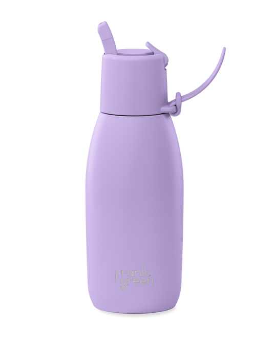 A light purple insulated water bottle with a flip-top lid and carrying loop, featuring the 'frank's green' logo near the bottom, set against a plain white background.