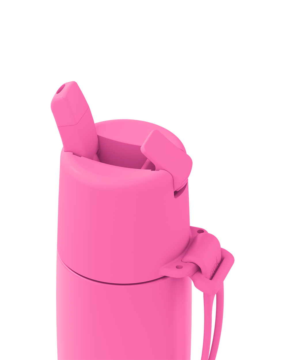 Close-up of a bright pink water bottle lid with a flip-up straw spout, side release tab, and attached wrist strap on a plain white background.