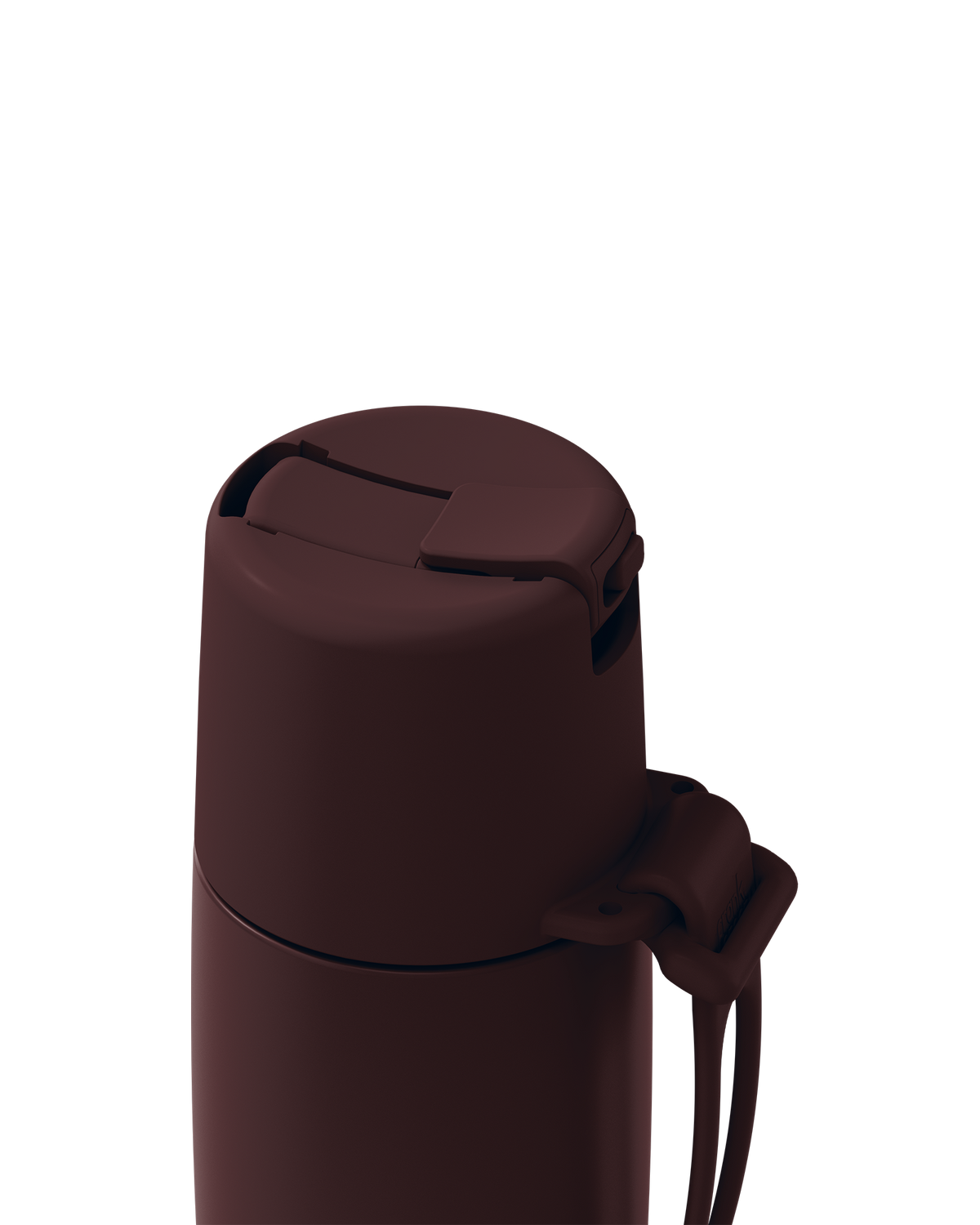 Close-up of a dark brown insulated bottle lid with a flip-top spout and carrying loop, shown on a plain white background.