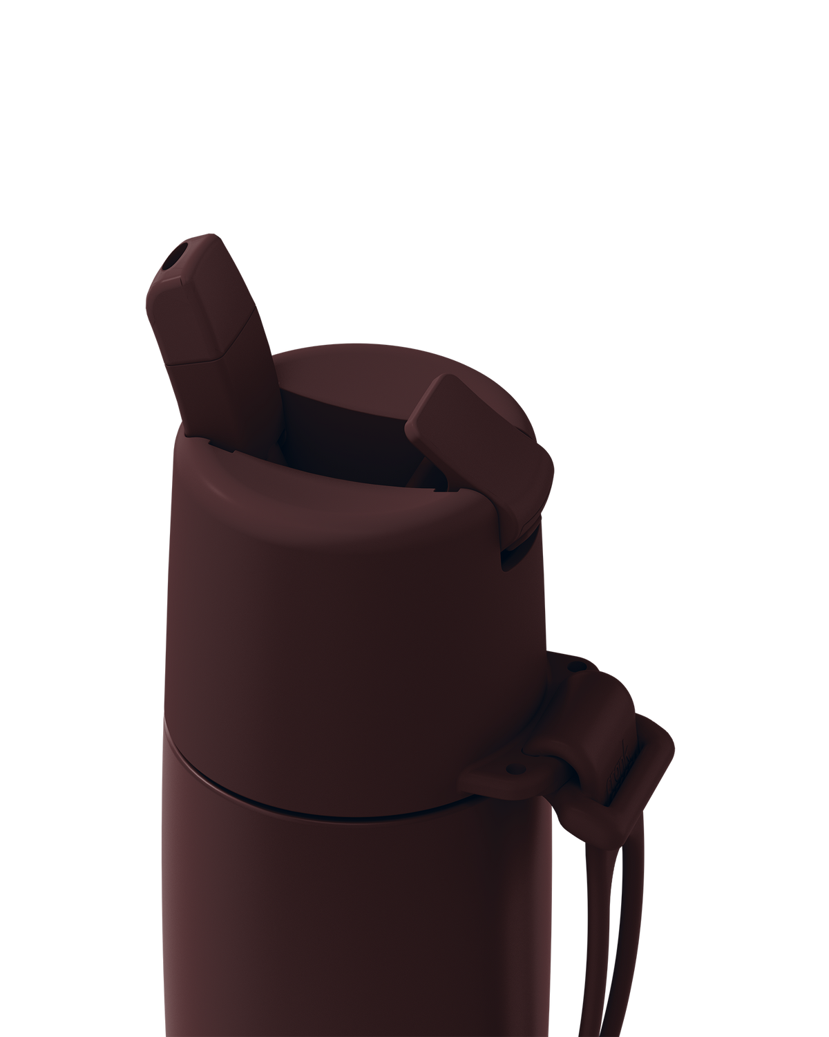Close-up of a dark brown insulated bottle with a flip-top lid and carrying strap on a solid white background.