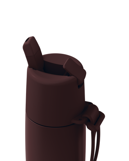 Close-up of a dark brown insulated bottle with a flip-top lid and carrying strap on a solid white background.