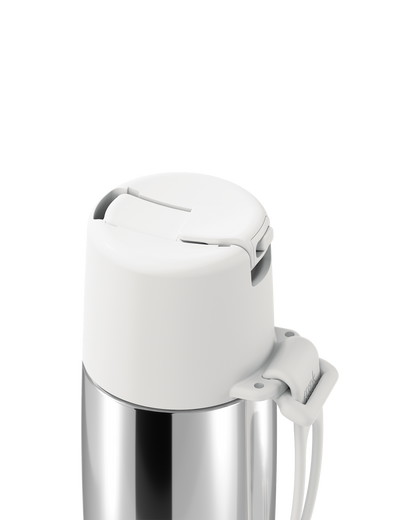 Close-up of a stainless steel bottle with a white flip-top lid and white carrying strap on a white background.