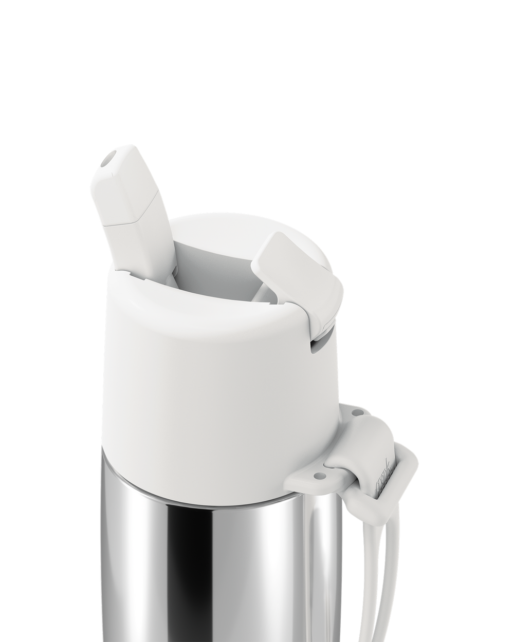 Close-up of a stainless steel water bottle with a white flip-top lid and carrying strap on a white background.