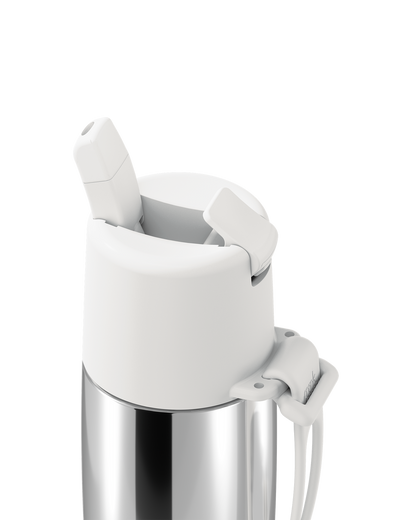 Close-up of a stainless steel water bottle with a white flip-top lid and carrying strap on a white background.