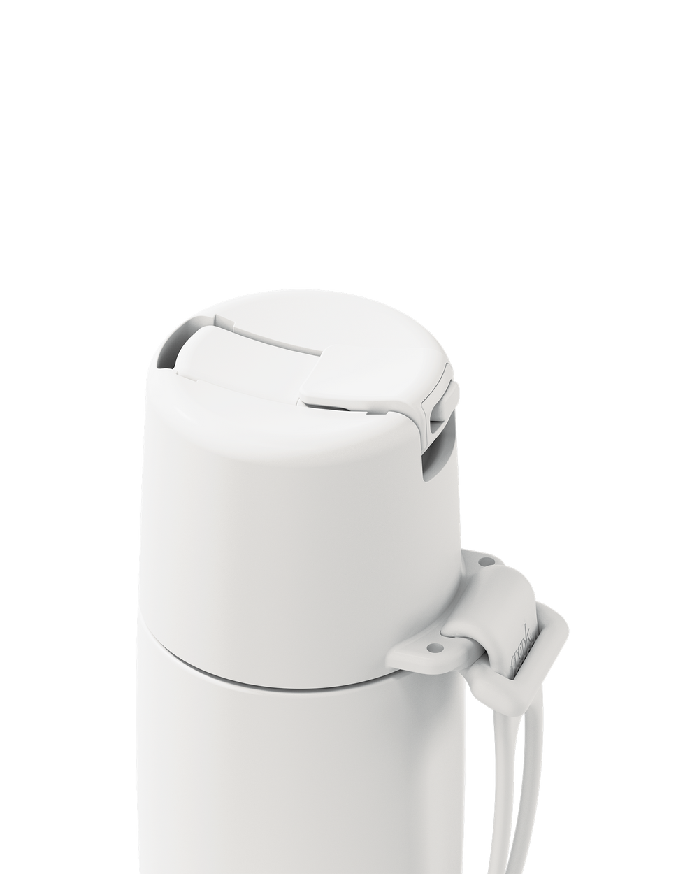 Close-up of a white insulated bottle lid with a flip-top spout and attached carrying strap on a clean white background.