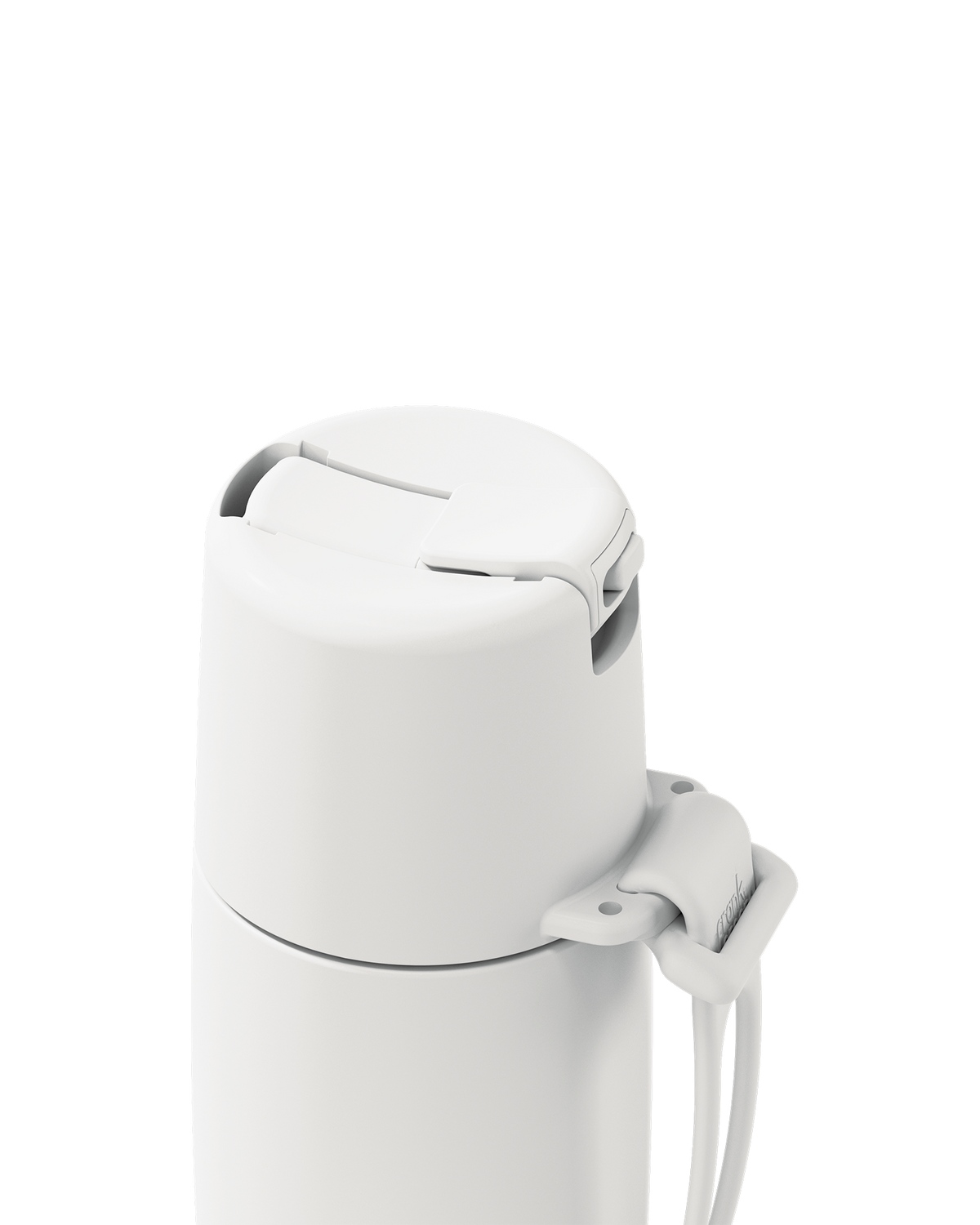 Close-up of a white insulated bottle lid with a flip-top spout and attached carrying strap on a clean white background.