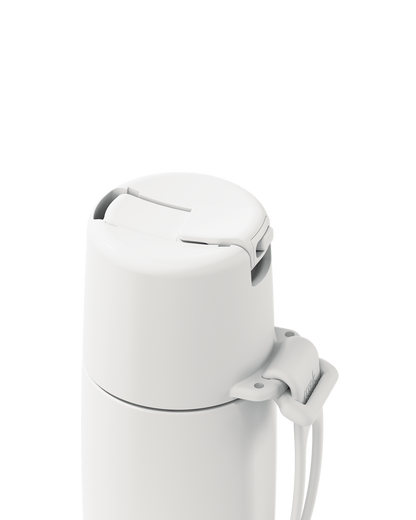 Close-up of a white insulated bottle lid with a flip-top spout and attached carrying strap on a clean white background.