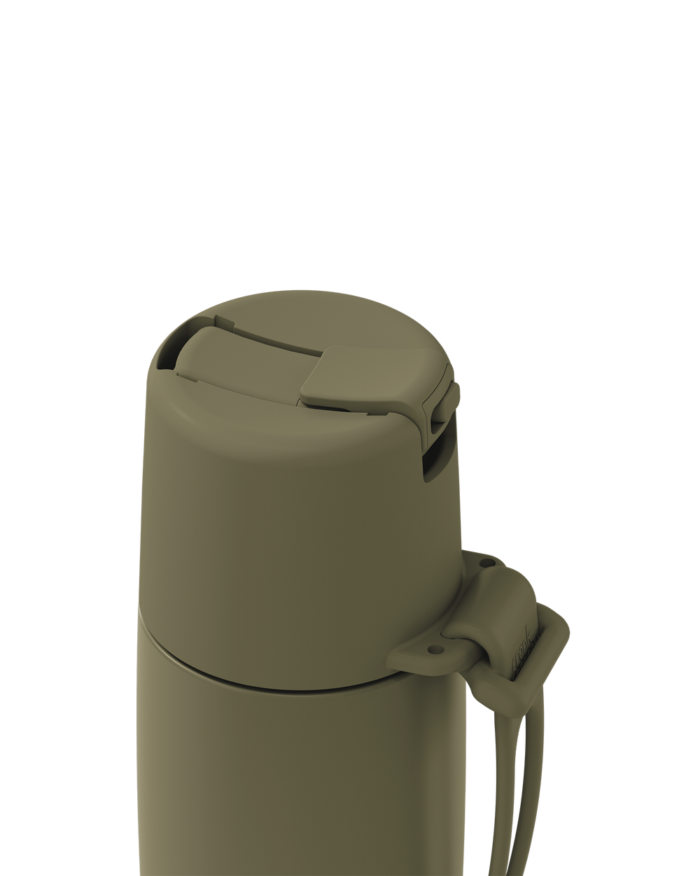 Close-up of the top of an olive green insulated bottle or thermos with a flip-top lid and attached wrist strap on a plain white background.