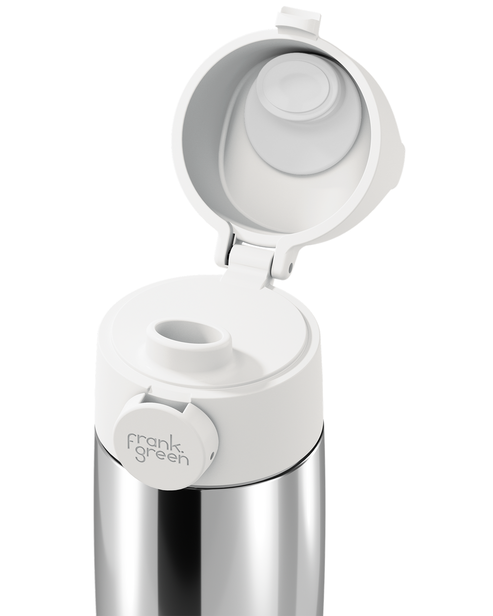 Close-up of a white Grip & Sip lid on a polished stainless steel 12oz insulated bottle, with the sip cap flipped open to show the spout.