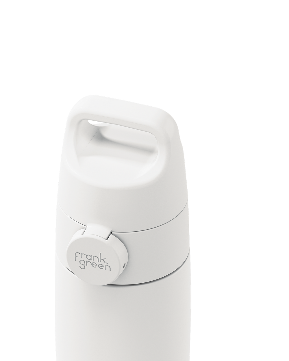 Close-up of a white Grip & Sip lid closed on a 12oz insulated bottle, showing the carry handle.