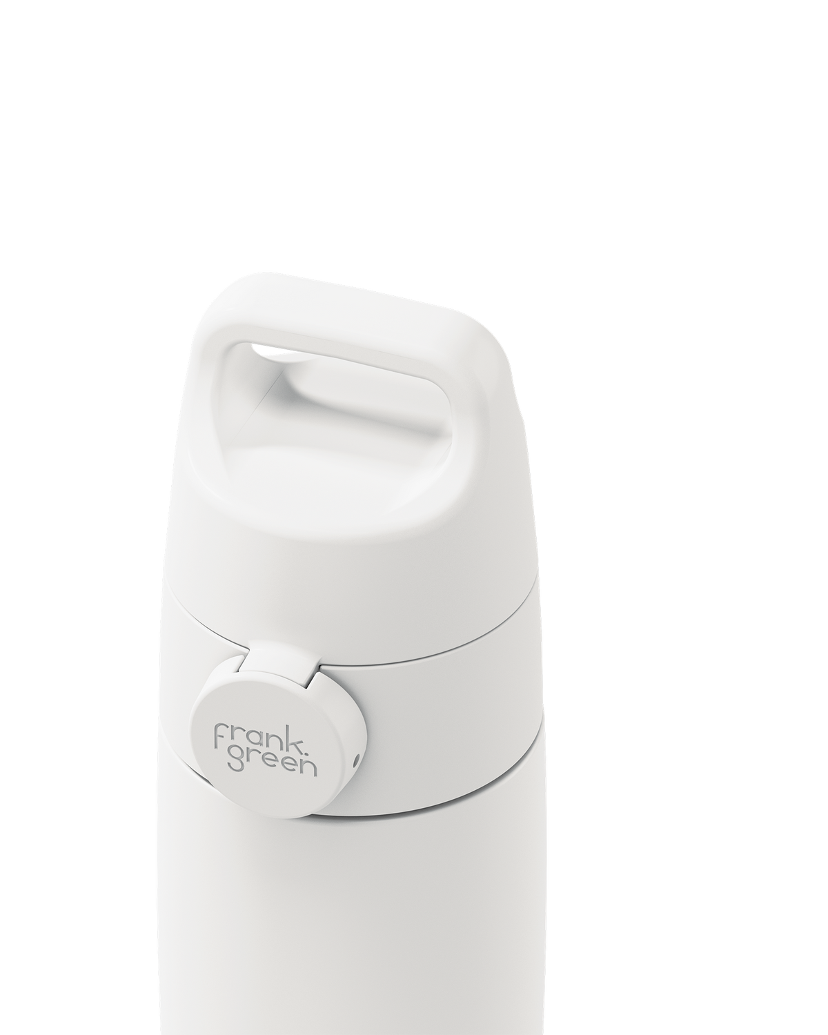 Close-up of a white Grip & Sip lid closed on a 12oz insulated bottle, showing the carry handle.
