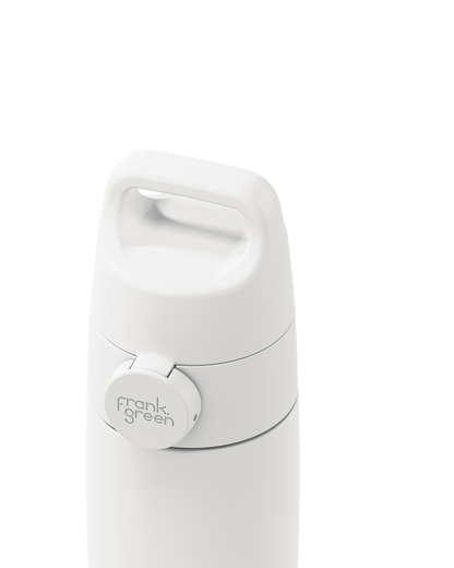 Close-up of a white Grip & Sip lid closed on a 12oz insulated bottle, showing the carry handle.