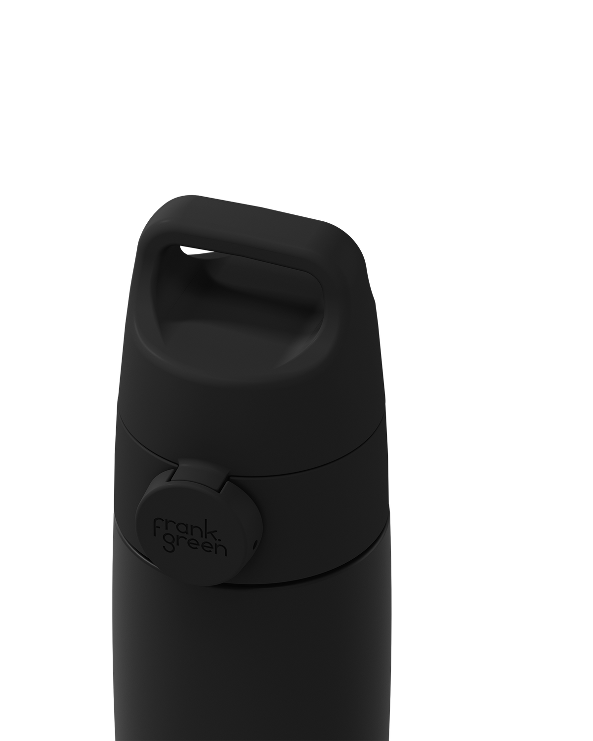 Close-up of a matte black Grip & Sip lid closed on a 12oz insulated bottle, showing the carry handle.