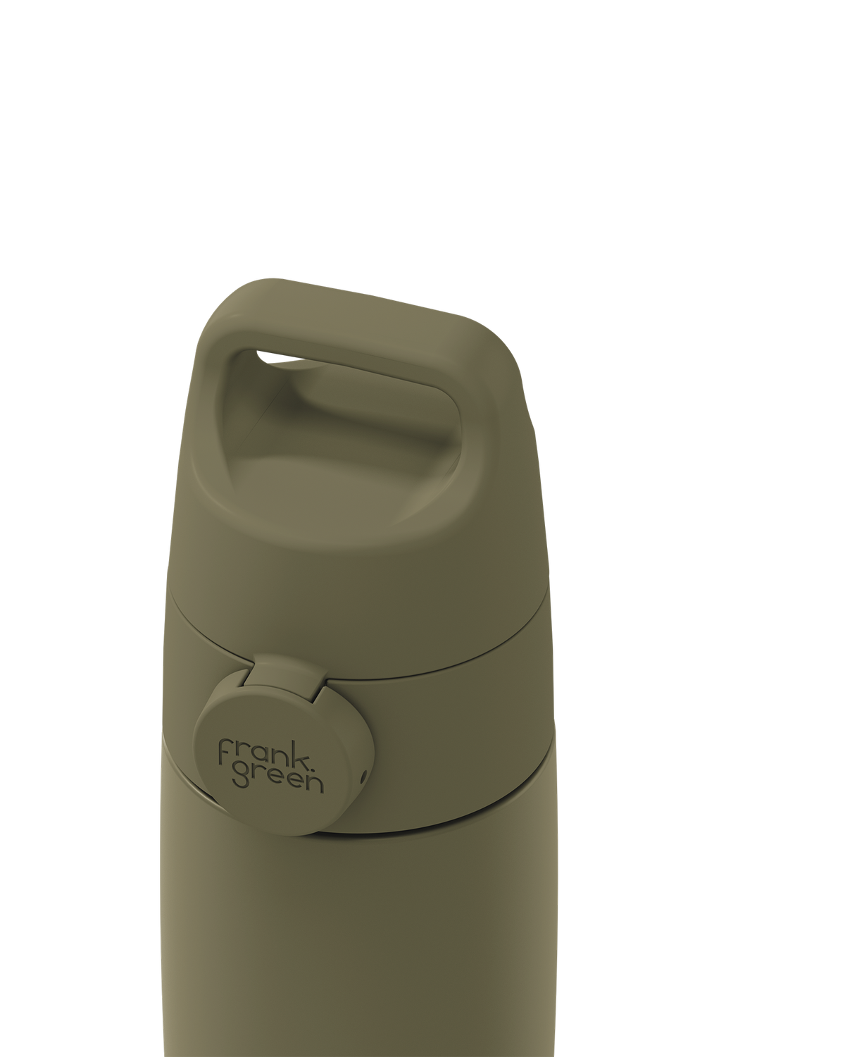 Close-up of an olive green Grip & Sip lid closed on a 12oz insulated bottle, showing the carry handle.