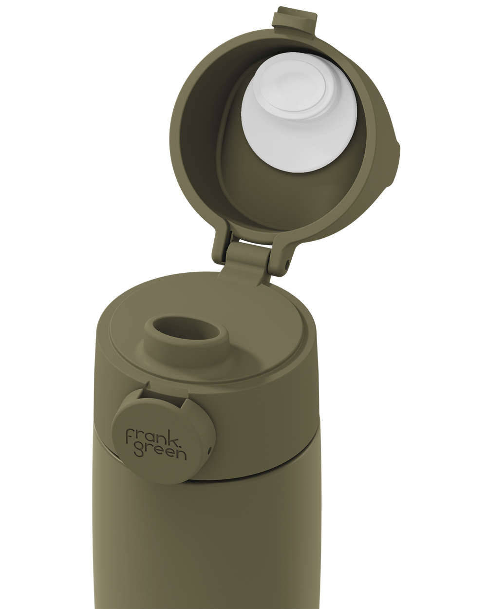 Close-up of an olive green Grip & Sip lid on a 12oz insulated bottle, with the sip cap flipped open to show the spout.