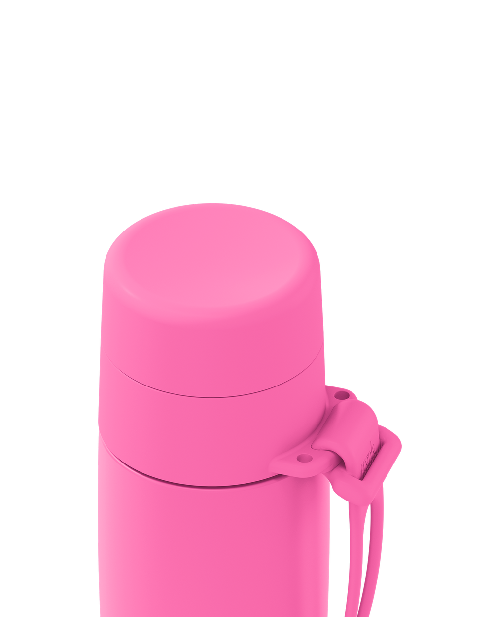 close-up of a bright pink vacuum-insulated bottle or tumbler with a matching pink lid and carrying strap, shown on a plain white background.