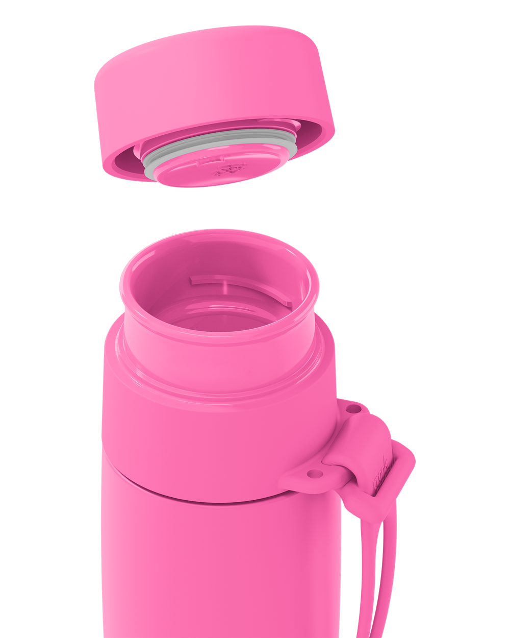 A bright pink insulated bottle with its cap removed and floating above the open neck, showing the interior seal rings and strap attachment, on a clean white background.
