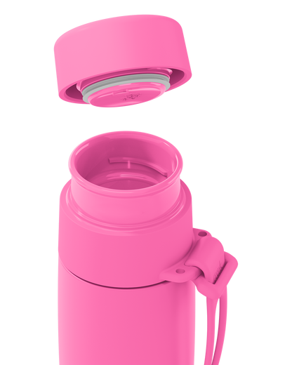 A bright pink insulated bottle with its cap removed and floating above the open neck, showing the interior seal rings and strap attachment, on a clean white background.