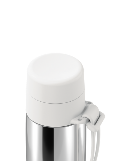 Close-up of a silver metallic thermal lid closed on a 12oz insulated bottle, with the carry loop attached.