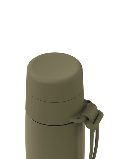 Close-up of the top portion of a matte olive green insulated bottle or thermos with a matching screw cap and a small loop strap, shown on a plain white background.