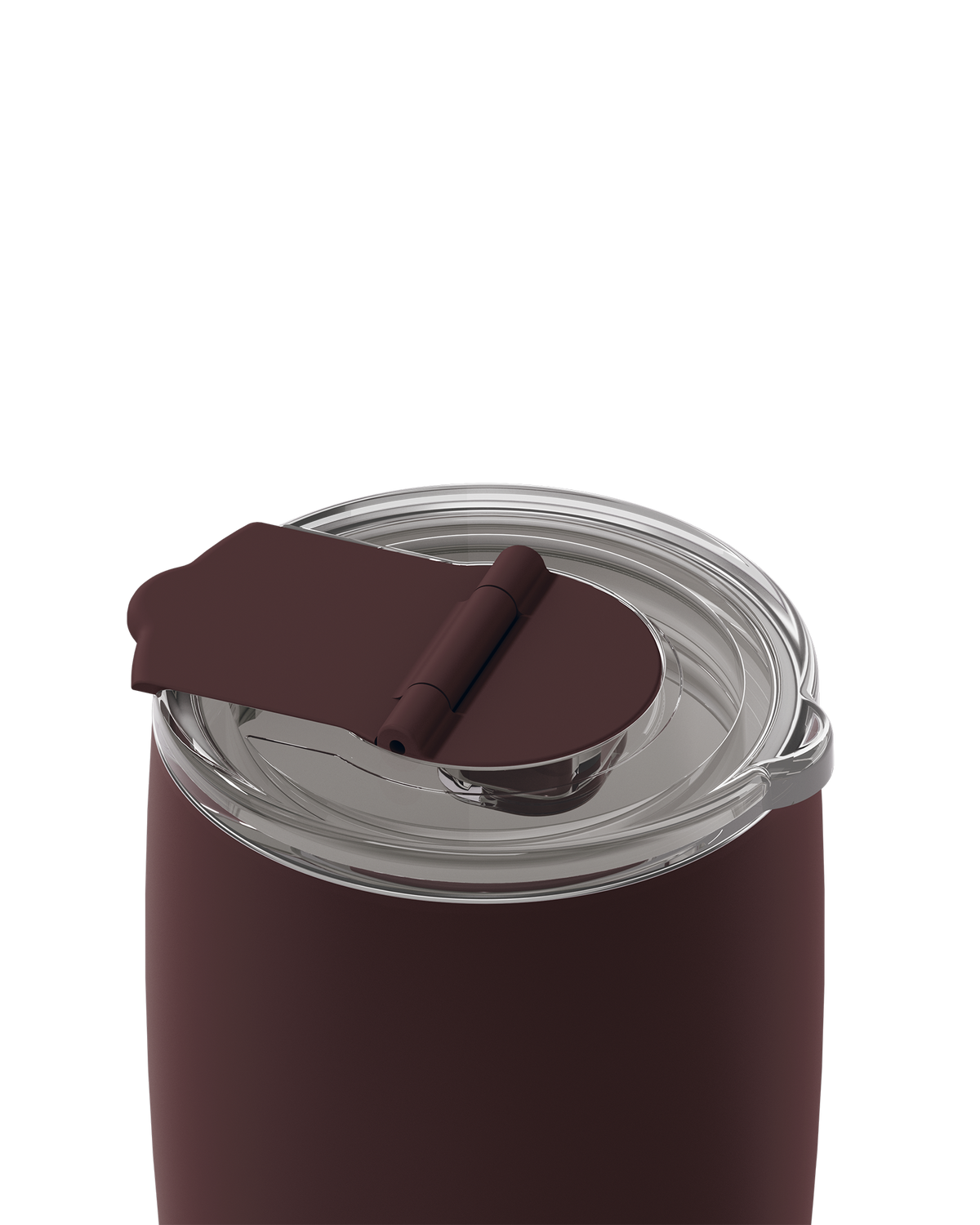 Close-up of a dark brown insulated tumbler with a clear lid and a matching dark brown flip-top straw cover, shown on a plain white background.