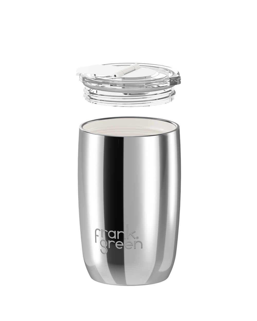 A stainless steel travel tumbler with a clear lid, shown with the lid floating above the cup on a plain white background. The brand name 'frank green' is printed near the bottom.