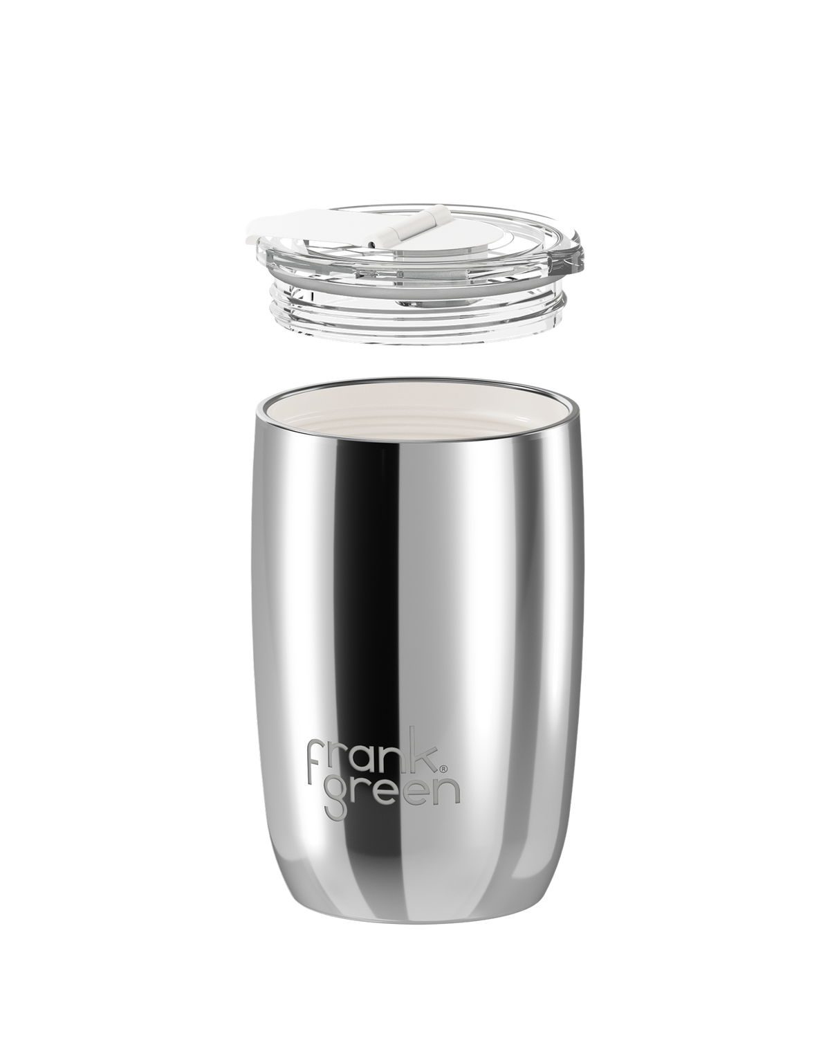 A stainless steel travel tumbler with a clear lid, shown with the lid floating above the cup on a plain white background. The brand name 'frank green' is printed near the bottom.