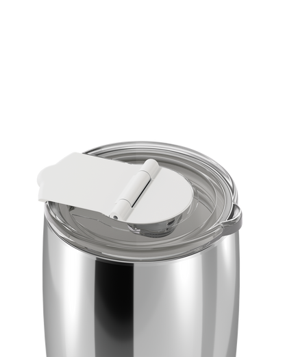 Close-up of a stainless steel tumbler with a clear lid and white flip-top straw cover on a white background.