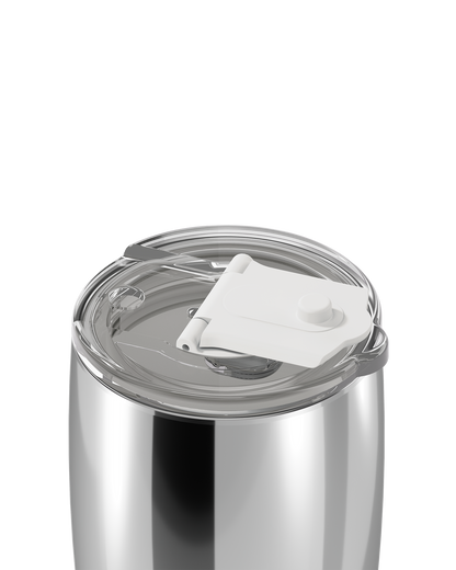 Close-up of a stainless steel tumbler with a clear lid and a white flip-straw cover, shown on a white background.