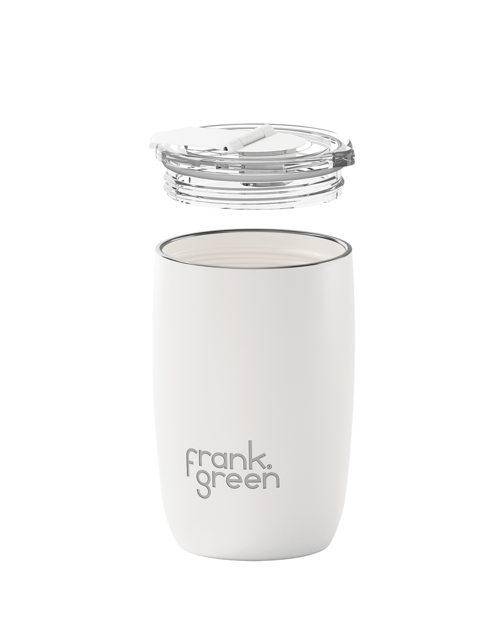 white insulated tumbler with a clear lid, shown on a clean white background. The brand name 'frank green'