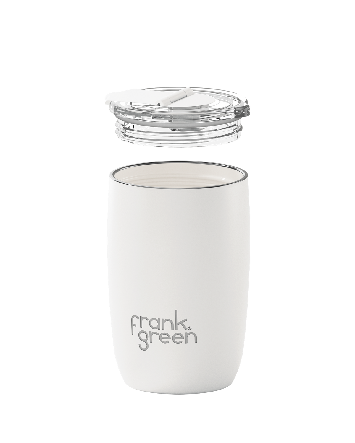 white insulated tumbler with a clear lid, shown on a clean white background. The brand name 'frank green'