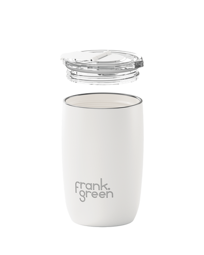 white insulated tumbler with a clear lid, shown on a clean white background. The brand name 'frank green'