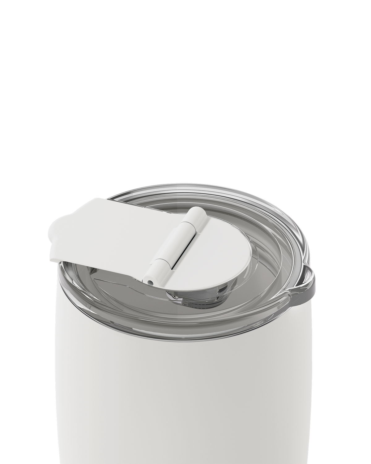 Close-up of a white insulated tumbler with a clear lid and white flip-top spout, shown on a clean white background.