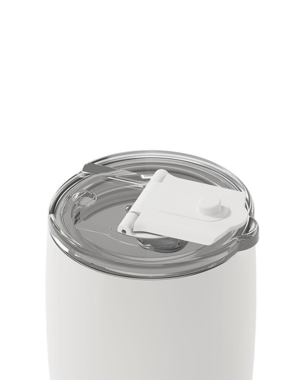 Close-up of a white insulated tumbler with a clear lid and a white flip-straw cover, shown on a clean white background.