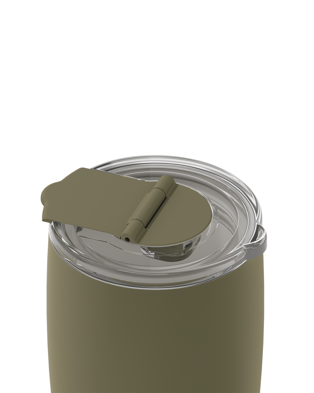 Close-up of a travel tumbler lid with a matte olive green flip-straw cover and a clear plastic rim, shown on a white background.