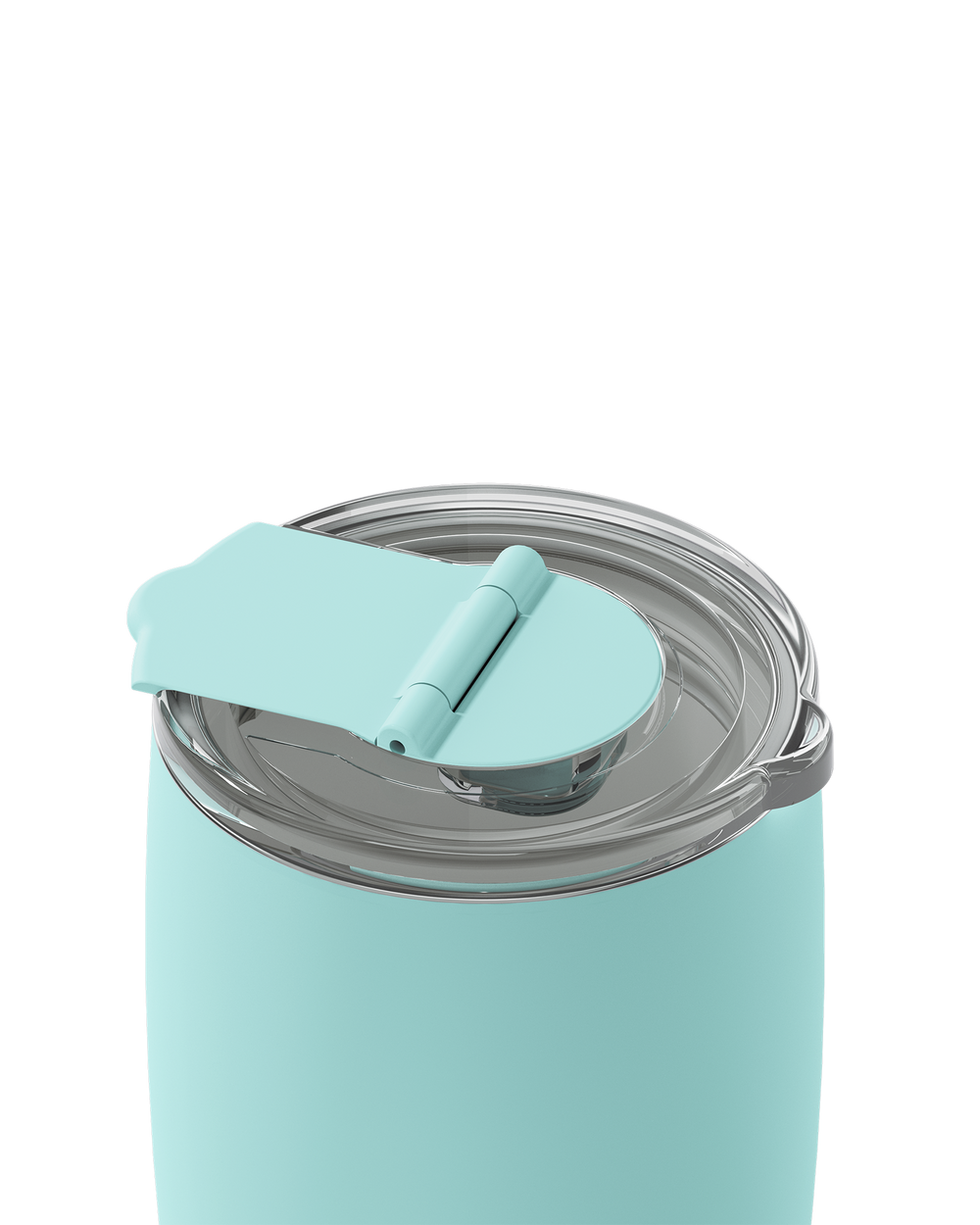 A close-up of a matte mint green insulated tumbler with a clear lid and matching mint green flip-up straw cover, shown on a white background.