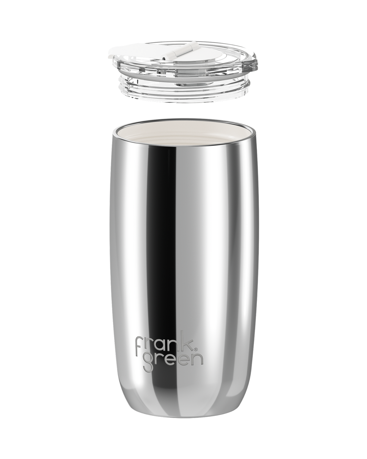 A stainless steel insulated travel tumbler with a clear lid, shown with the lid floating above the cup against a solid white background. The brand name 'frank green' is printed near the bottom.