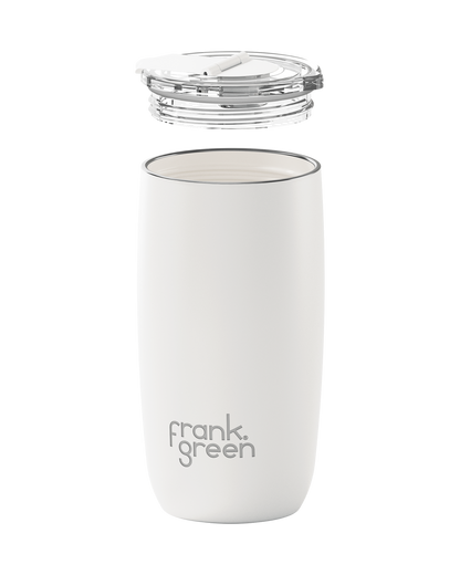 A white insulated travel tumbler with a clear lid, shown on a clean white background. The brand name 'frank green' is printed in gray near the bottom.