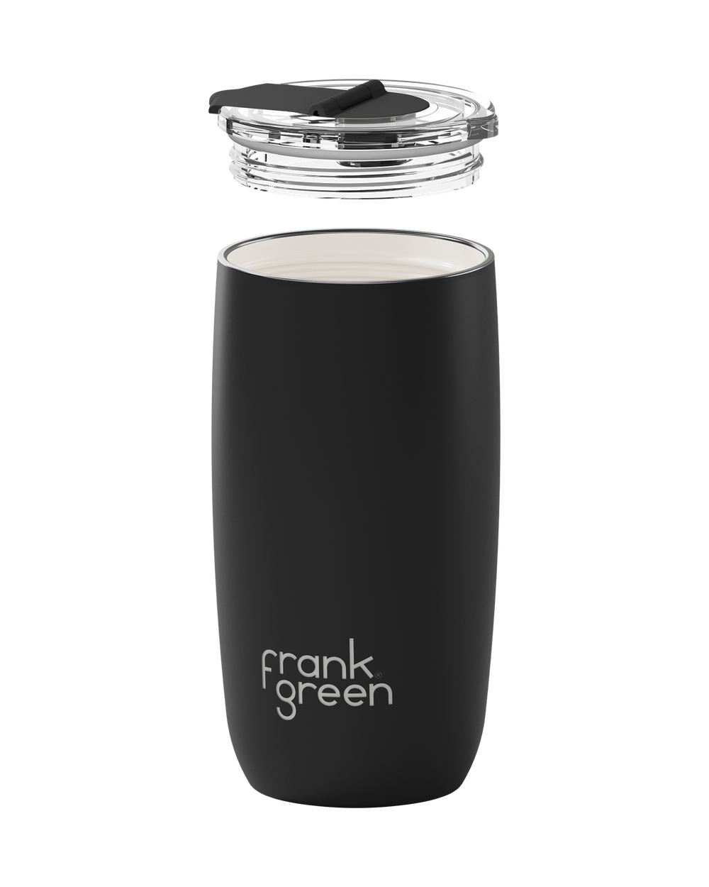 A matte black insulated tumbler with a clear lid and black flip-top straw, shown on a plain white background. The brand name 'frank green' is printed in white near the bottom.