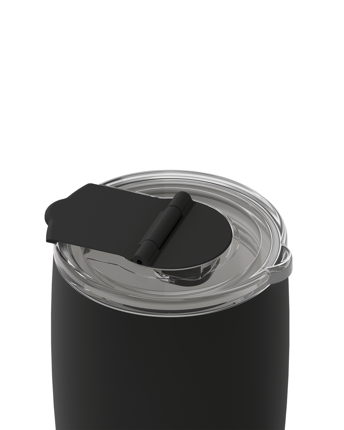 Close-up of a dark brown insulated tumbler with a clear lid and a matching dark brown flip-top straw cover, shown on a plain white background.